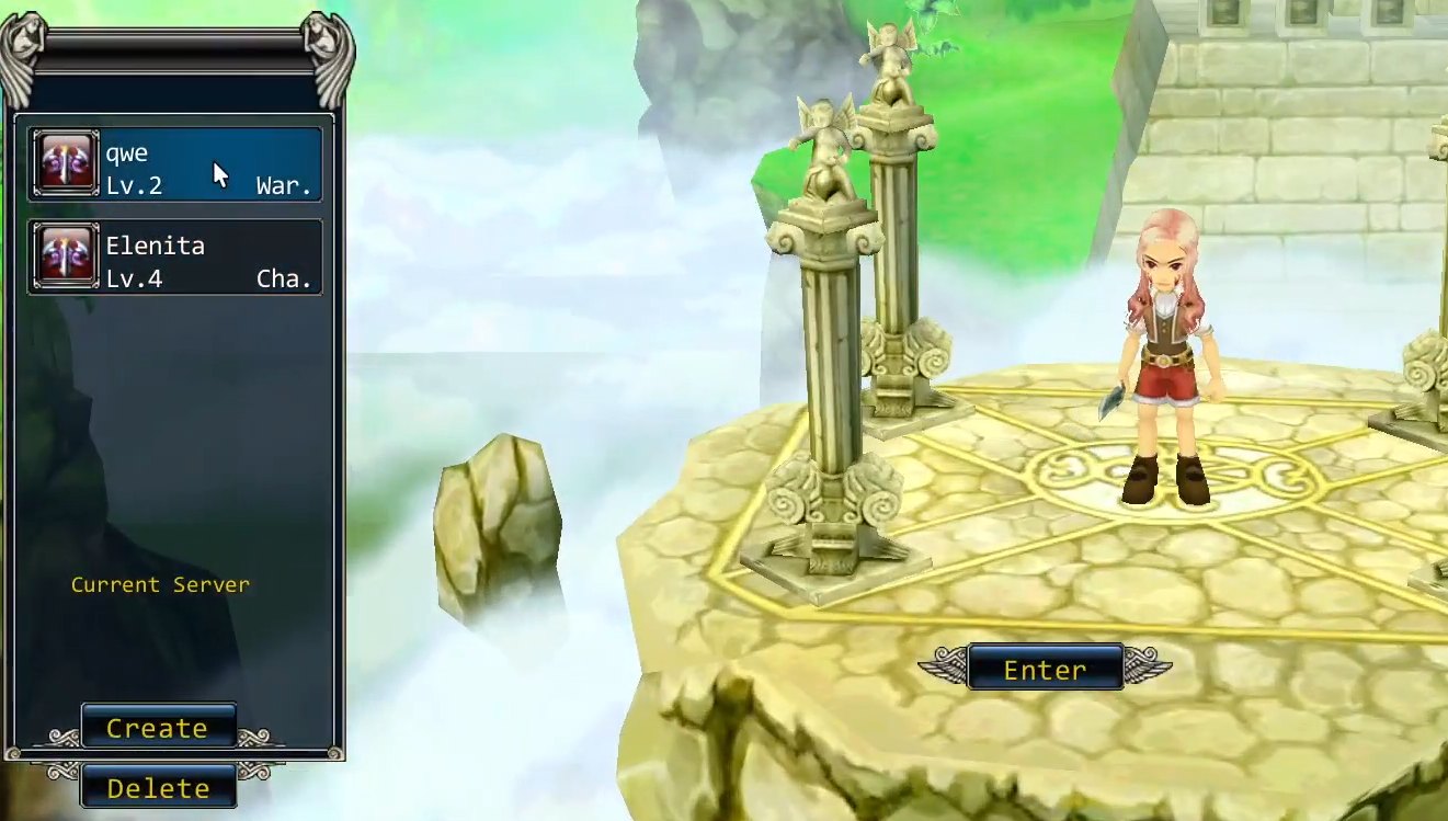 The character select screen, rendered by the new client