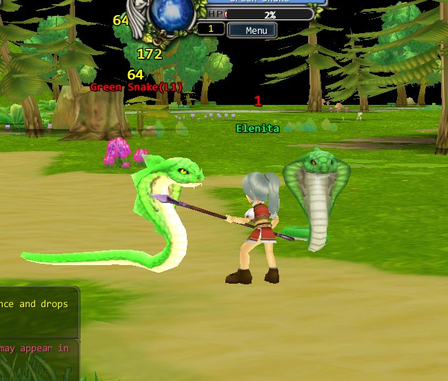 A spear-wielder fighting two green snakes, damage numbers floating up
