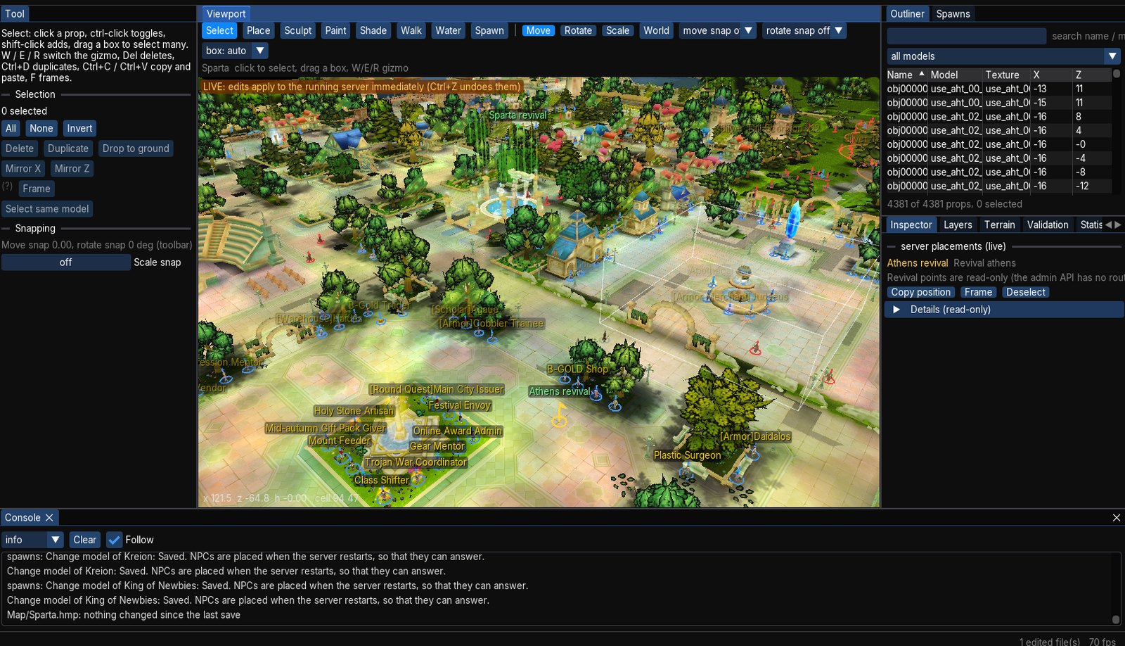 The map editor showing Sparta with every NPC and monster placement labelled