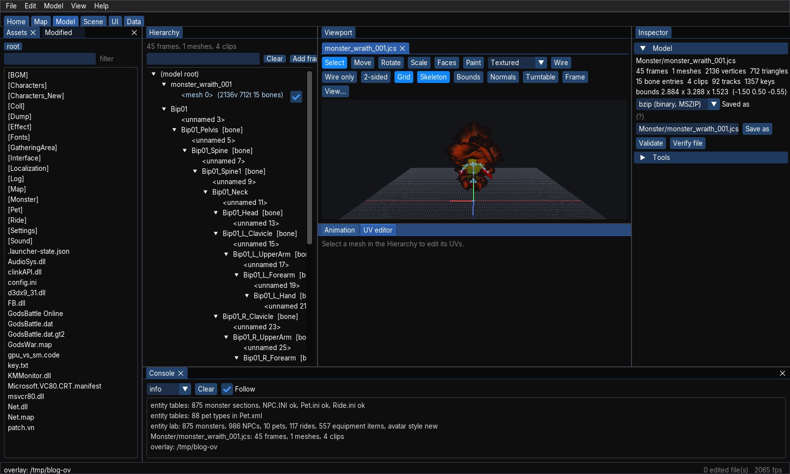 The model editor open on a wraith monster showing its skeleton and hierarchy
