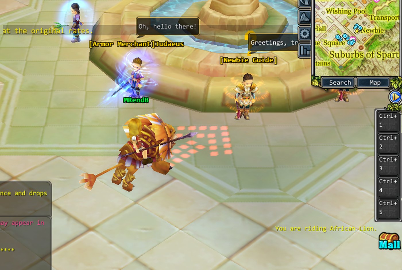 A rider on an African Lion in the Sparta plaza, with the line 'You are riding African Lion.'