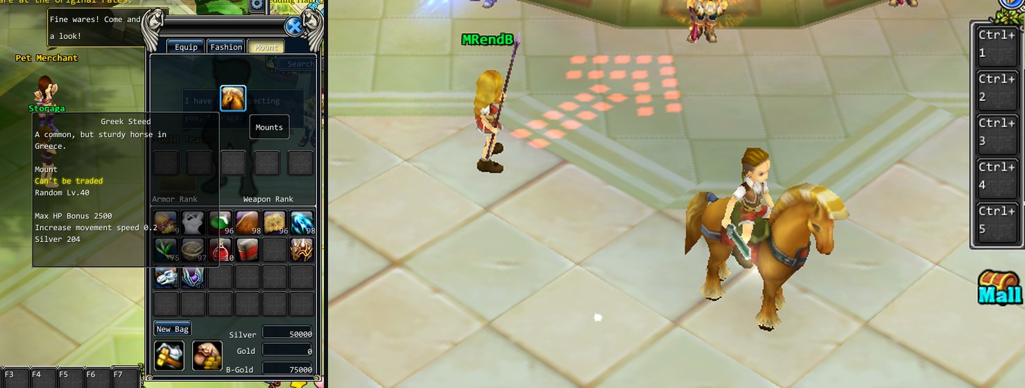 The Mount tab with the Greek Steed tooltip, and a second player's view of a rider on a horse