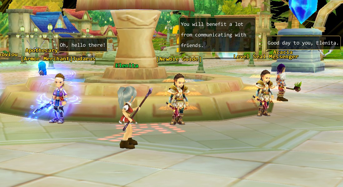 Sparta's fountain square with NPCs greeting the player in speech bubbles