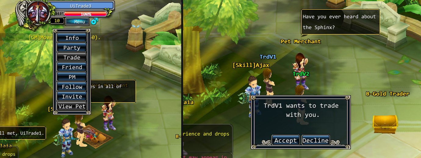 The target menu with Info, Party, Trade, Friend, PM, Follow, Invite and View Pet, and the request popup 'TrdV1 wants to trade with you' with Accept and Decline