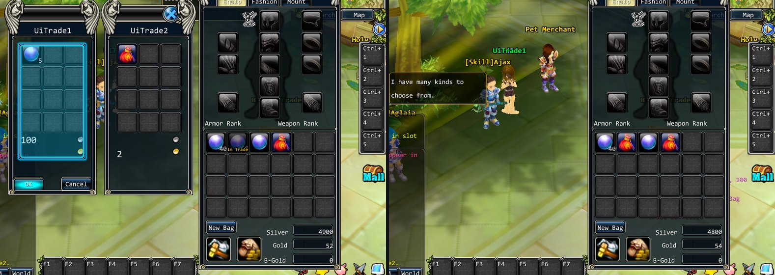Left: a locked trade table, five blue orbs and 100 Silver against a red bag and 2 Gold. Right: the same character afterwards, Silver 4900 to 4800 and Gold 52 to 54, the orbs replaced by a bag